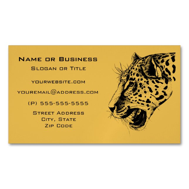 A Black and Yellow Hand Drawn Leopard Illustration Magnetic Business Card (Front)