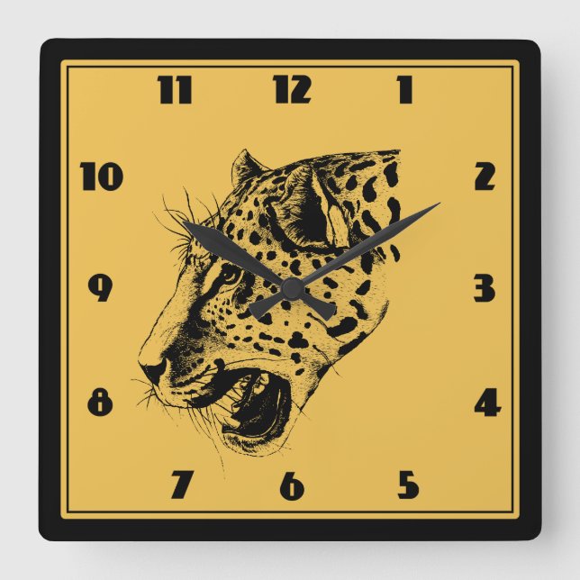 A Black and Yellow Hand Drawn Leopard Illustration Square Wall Clock (Front)