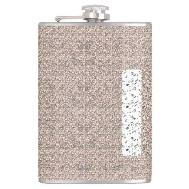 a black background with a red, green and blue patt hip flask (Front)