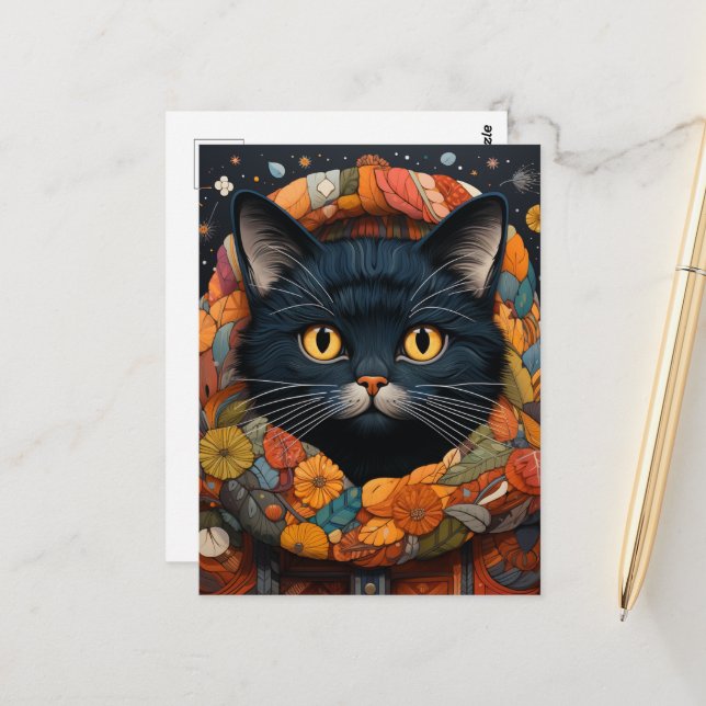 A Black Cat in a Floral Sweater Postcard (Front/Back In Situ)