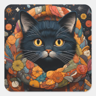 A Black Cat in a Floral Sweater Square Sticker