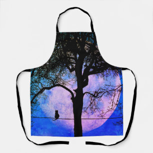 A Black Cat on a Wire Full Moon Apron