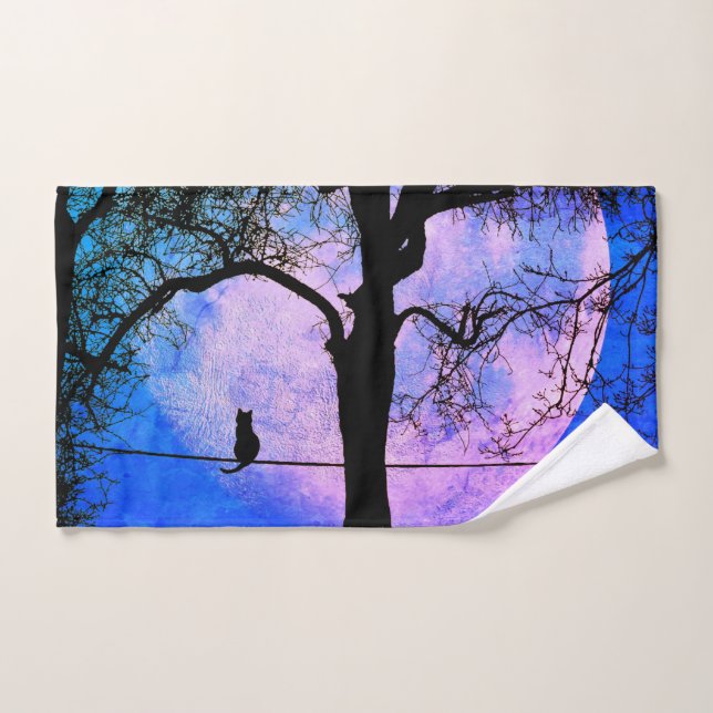 A Black Cat on a Wire Full Moon Bath Towel Set (Hand Towel)