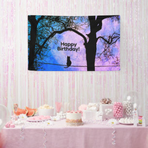 A Black Cat on a Wire Full Moon Birthday Banner