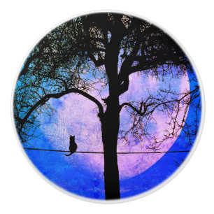 A Black Cat on a Wire Full Moon Ceramic Knob