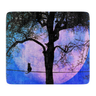 A Black Cat on a Wire Full Moon Cutting Board
