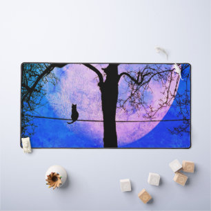 A Black Cat on a Wire Full Moon Desk Mat