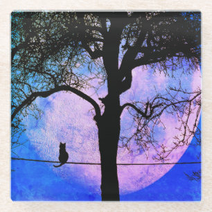 A Black Cat on a Wire Full Moon Glass Coaster