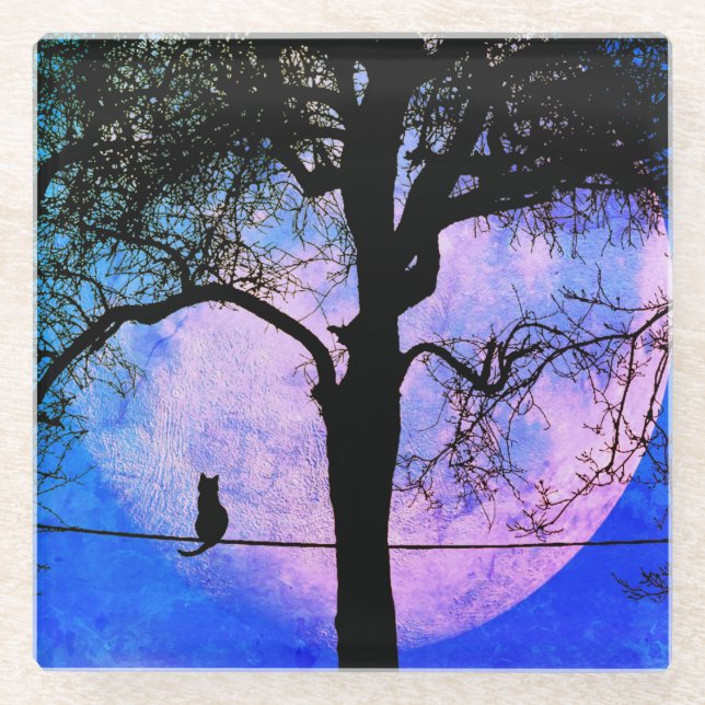 A Black Cat on a Wire Full Moon Glass Coaster (Front)