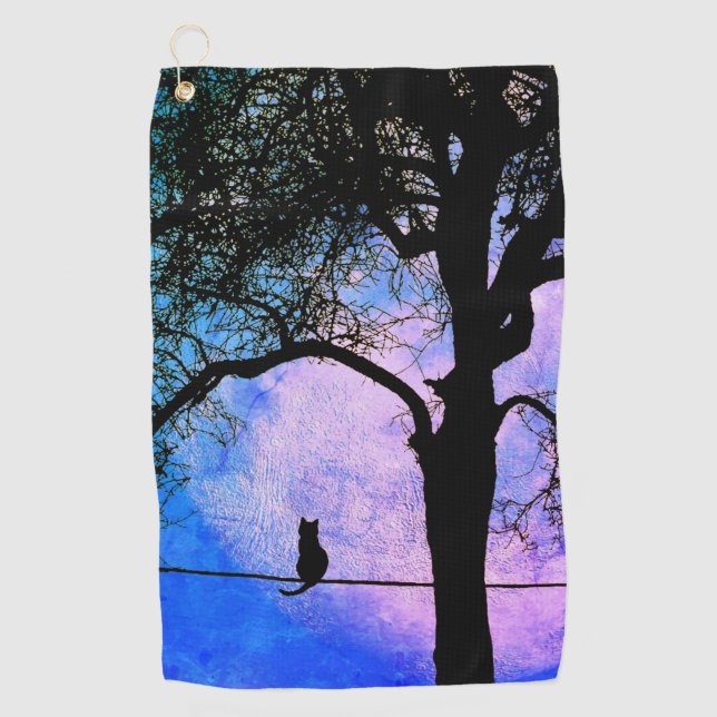 A Black Cat on a Wire Full Moon Golf Towel (Front)