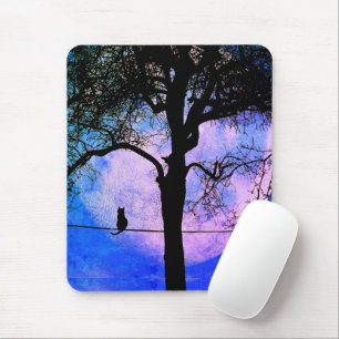 A Black Cat on a Wire Full Moon Mouse Mat