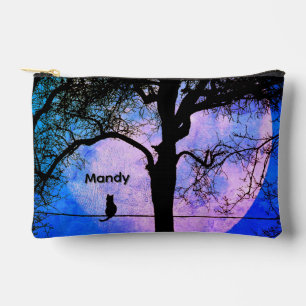 A Black Cat on a Wire Full Moon Name Accessory Pouch