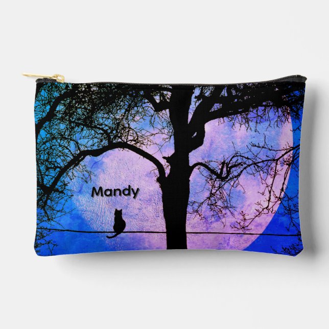 A Black Cat on a Wire Full Moon Name Accessory Pouch (Front)
