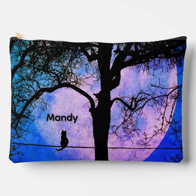 A Black Cat on a Wire Full Moon Name Accessory Pouch (Front)