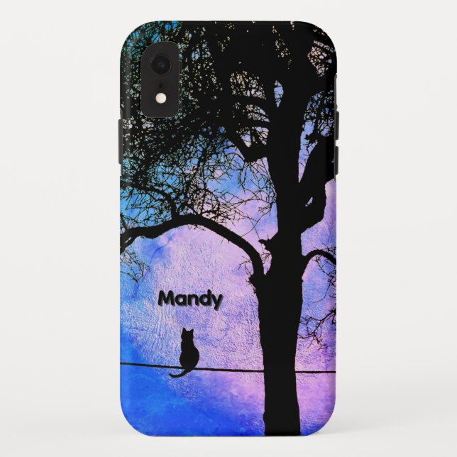 A Black Cat on a Wire Full Moon Name Case-Mate iPhone Case (Back)