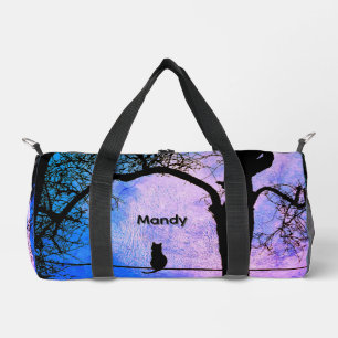 A Black Cat on a Wire Full Moon Name Duffle Bag
