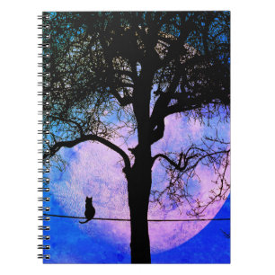 A Black Cat on a Wire Full Moon Notebook