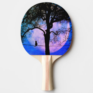 A Black Cat on a Wire Full Moon Ping Pong Paddle