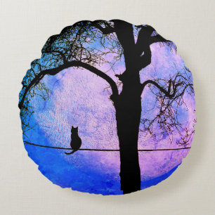 A Black Cat on a Wire Full Moon Round Cushion