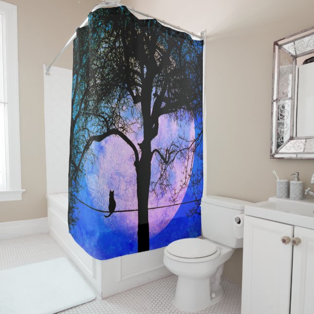 A Black Cat on a Wire Full Moon Shower Curtain (In Situ)