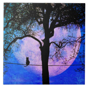 A Black Cat on a Wire Full Moon Tile