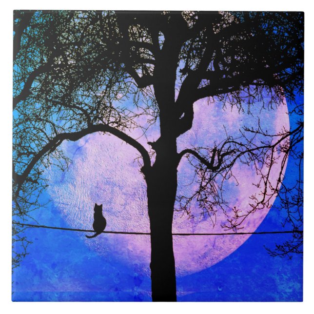 A Black Cat on a Wire Full Moon Tile (Front)