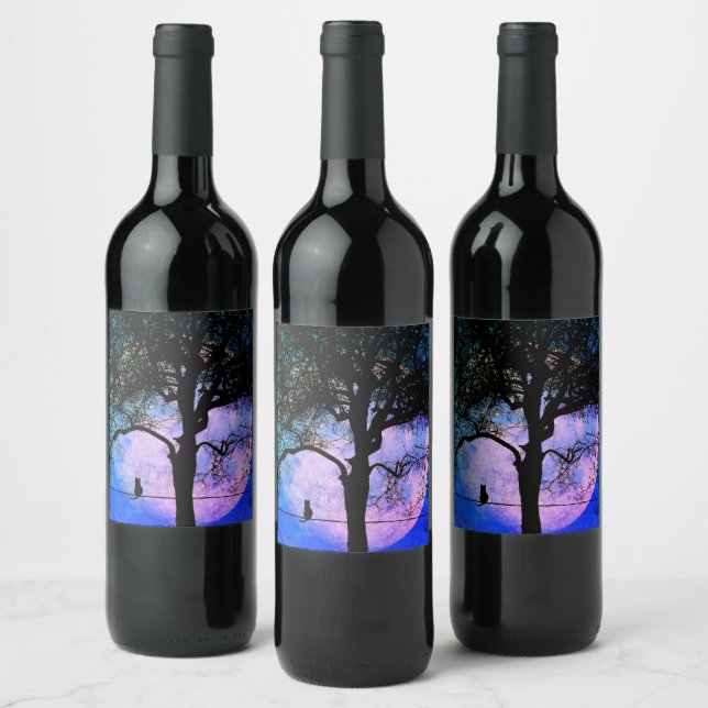 A Black Cat on a Wire Full Moon Wine Label (Bottles)