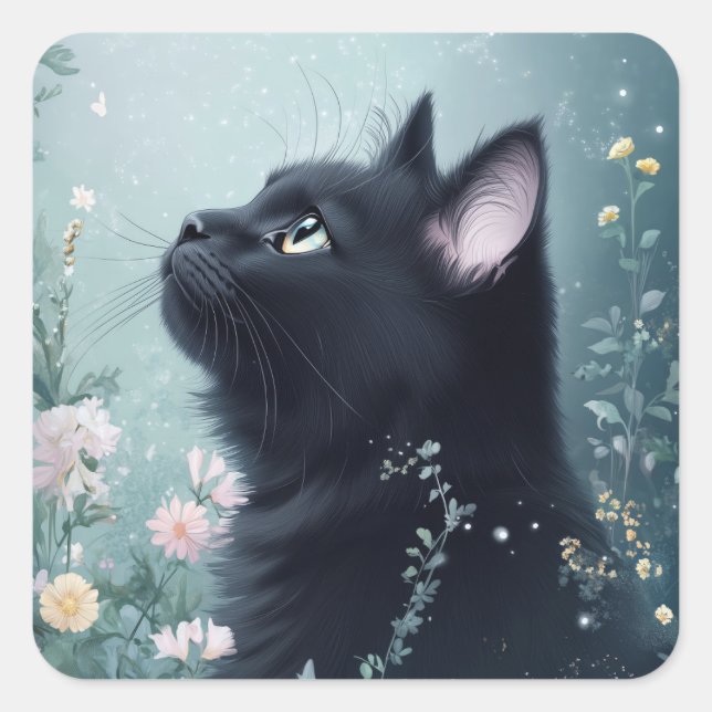 A Black Cat’s Midnight Gaze Square Sticker (Front)