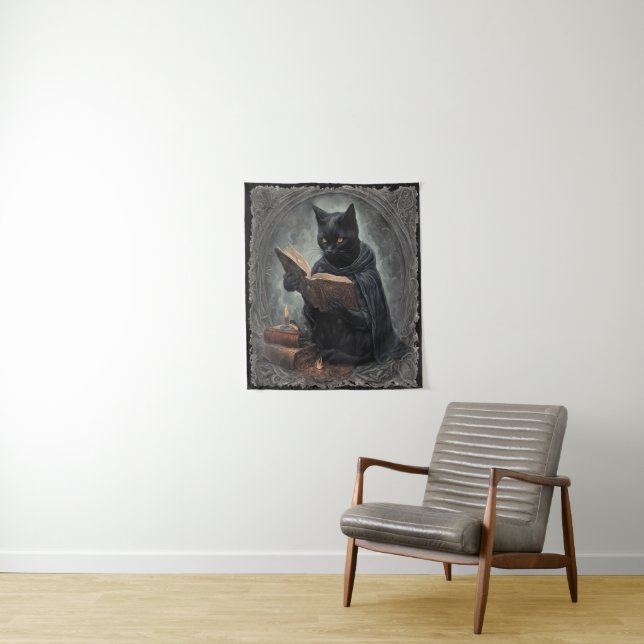 A Black Cat Wearing A Cloak Studying Halloween Tapestry (In Situ)