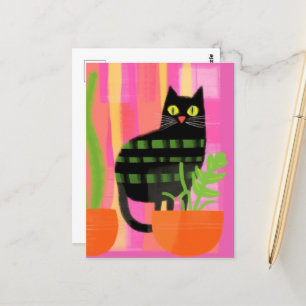 A Black Cat With Houseplants Pink Green Orange Postcard