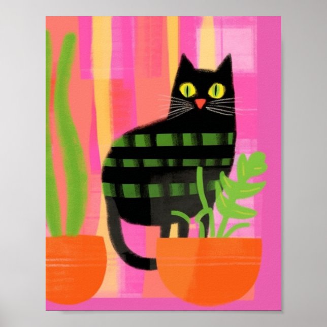A Black Cat With Houseplants Pink Green Orange Poster (Front)