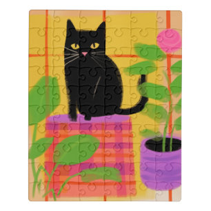 A Black Cat With Houseplants Plaid Chair Jigsaw Puzzle