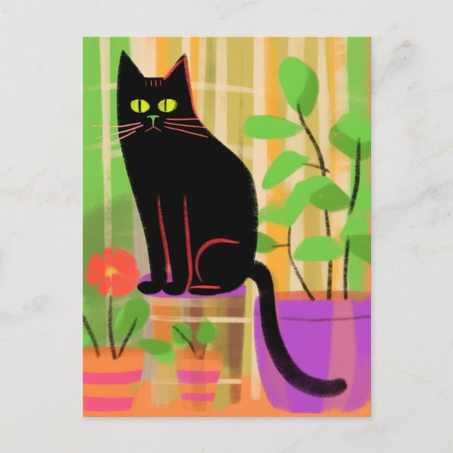 A Black Cat With Houseplants Plaid Chair Postcard (Front)