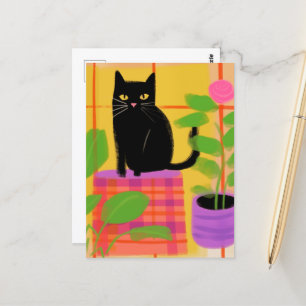 A Black Cat With Houseplants Plaid Chair Postcard