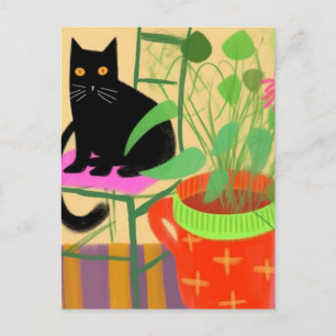 A Black Cat With Houseplants Postcard