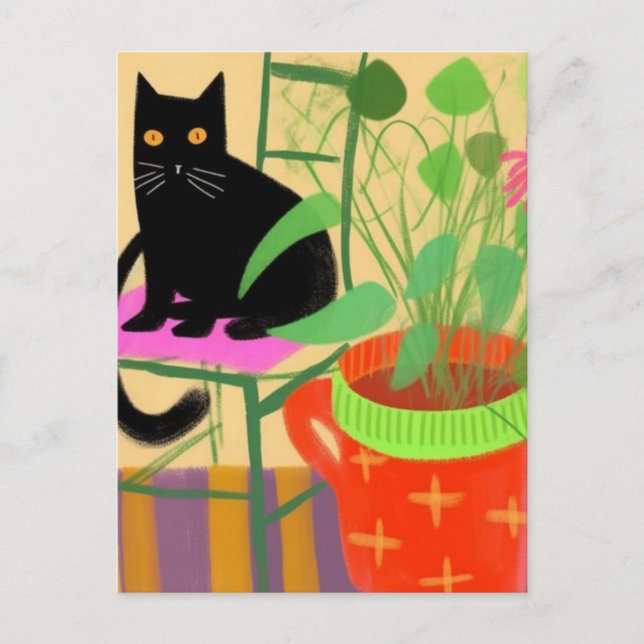 A Black Cat With Houseplants Postcard (Front)