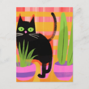 A Black Cat With Houseplants Postcard