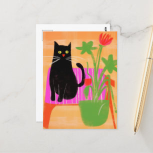A Black Cat With Houseplants Sits on Pink Postcard