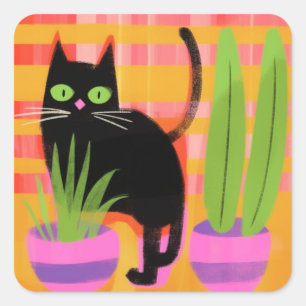 A Black Cat With Houseplants Square Sticker