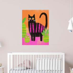A Black Cat With Pink Stripes and Houseplants  Poster