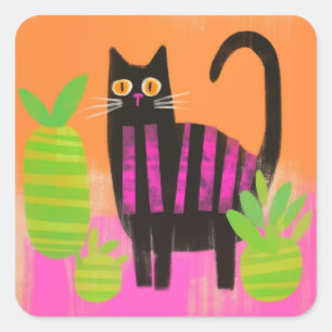 A Black Cat With Pink Stripes and Houseplants Square Sticker