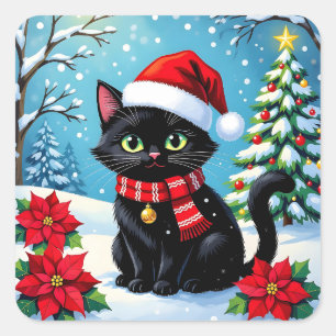 A Black Festive Cat with a Christmas Background Square Sticker