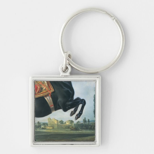 A black horse performing the Courbette Key Ring (Front)