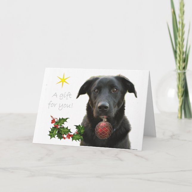 A Black Labrador retriever bringing gift Holiday Card (Front)