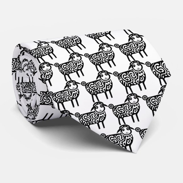 A Black Silhouette Patterned Sheep Tattoo Icon Tie (Rolled)
