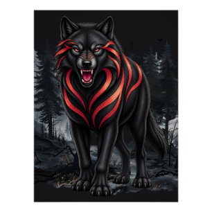 A black wolf in a foggy forest wildlife art poster
