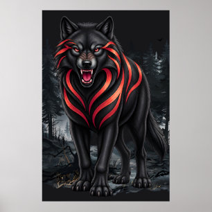 A black wolf in a foggy forest wildlife art poster