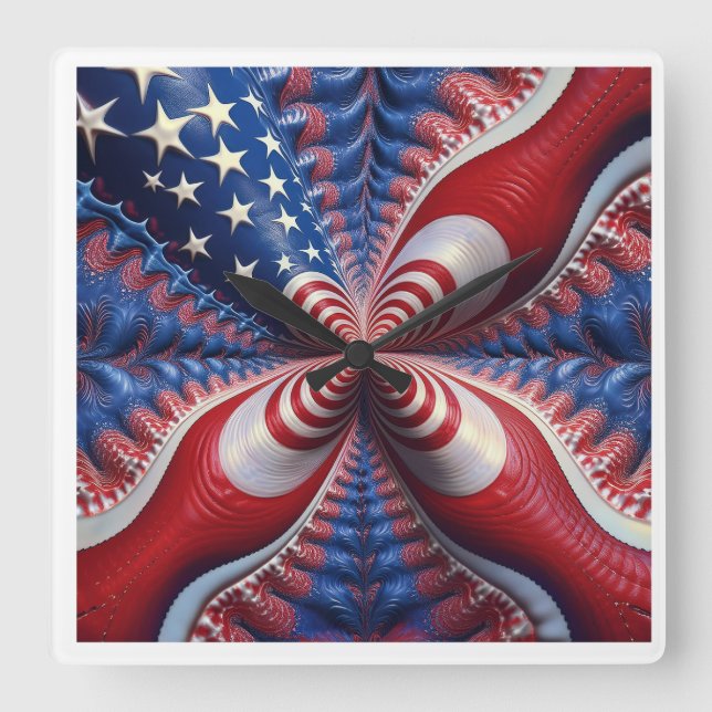 A Blend Of The American Flag And A Fractal Square Wall Clock (Front)