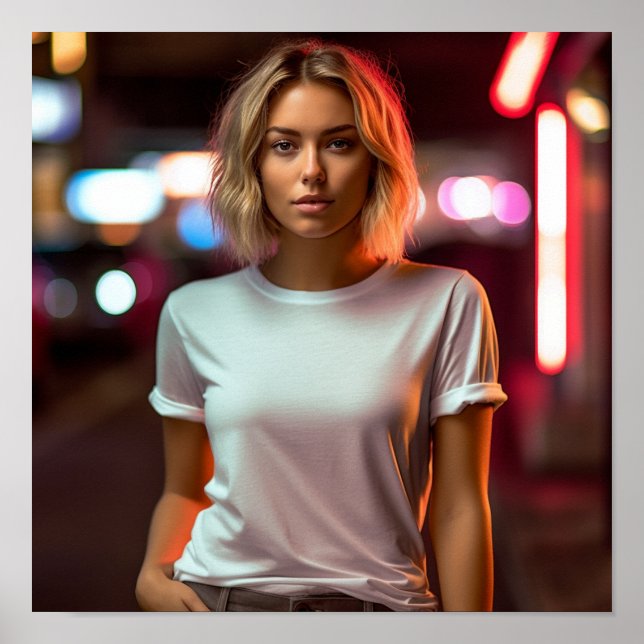 A blonde model wearing a Gildan tshirt Poster (Front)