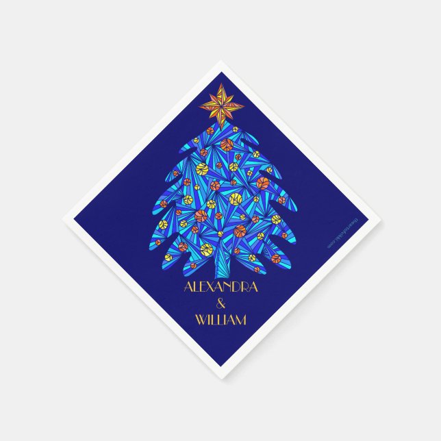 A Blue Abstract Holiday Tree Personalised Party Napkin (Corner)